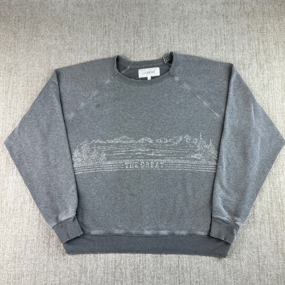 THE GREAT Mountain Graphic‎ Sweatshirt Womens 1 Small Gray Distressed Raglan